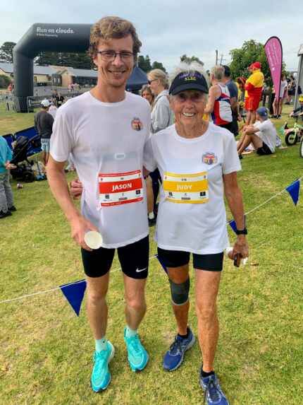GOING THE DISTANCE: Keen marathon runner Jason Daye with former champion runner Judy Pollock at Port Fairy.