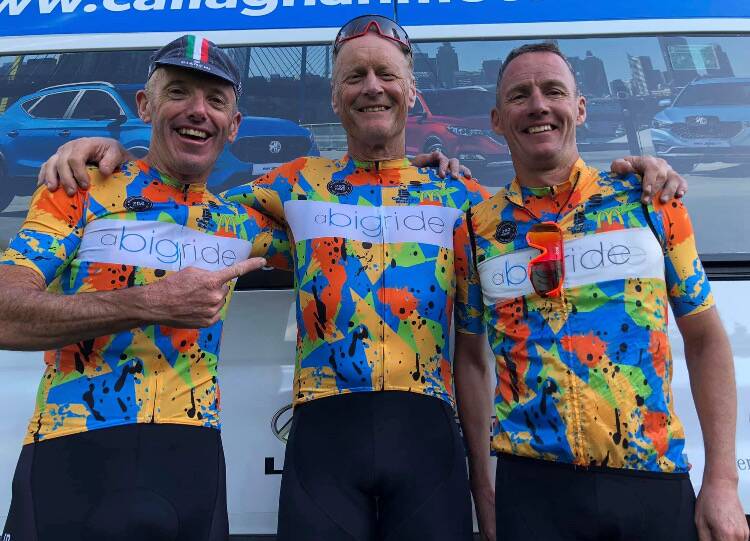 FINISH LINE: Vincent McCarthy (left) with Big Ride organiser Shane Wilson and old schoolmate Steve Callaghan at the end of the 2022 Big Ride for a Big Life in Melbourne.