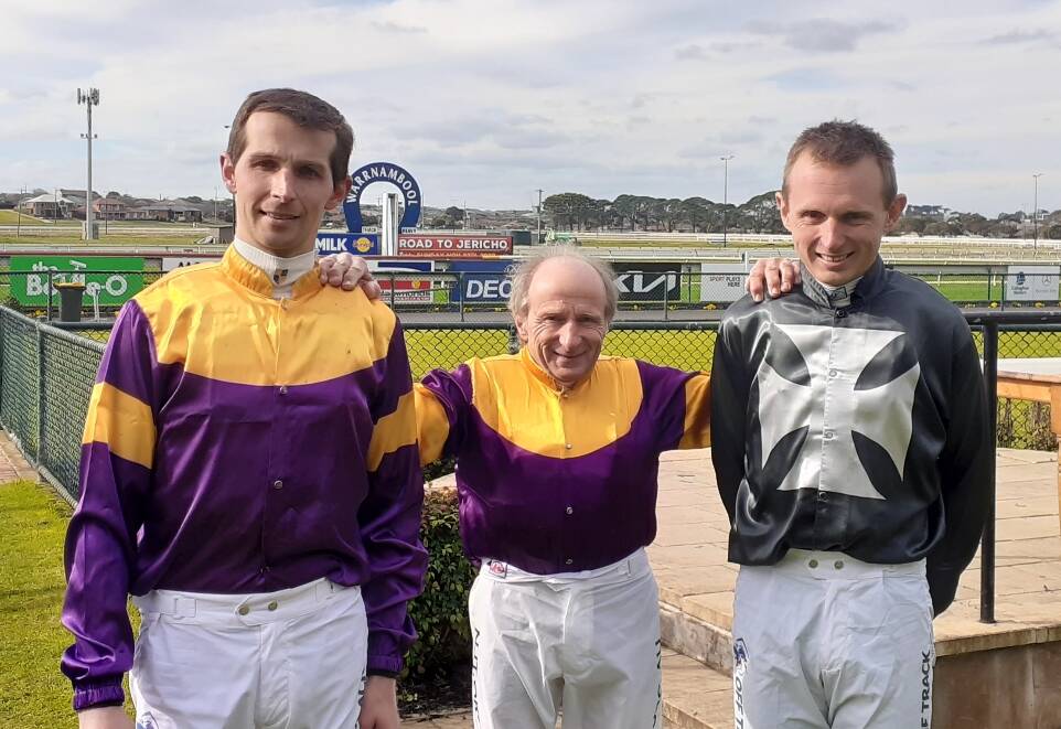 IN THE BLOOD: Jumps jockey Braidon Small with his dad Cyril and brother Daniel at Warrnambool on Sunday.
