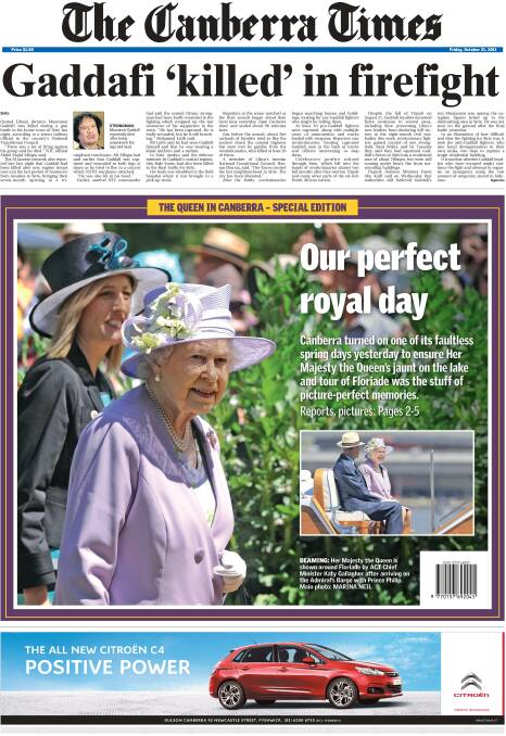 The Canberra Times of October 21, 2011, shows the Queen visiting Floriade with then ACT chief minister Katy Gallagher.