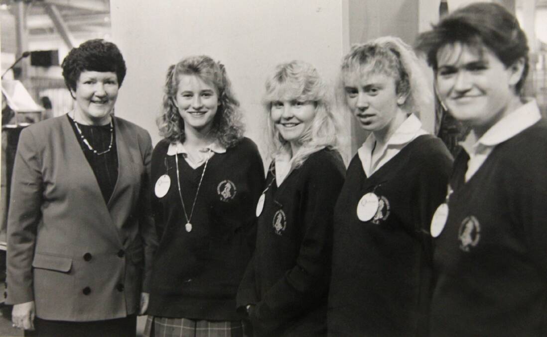 State Education Minister Joan Kirner with Warrnambool Technical School students in 1988