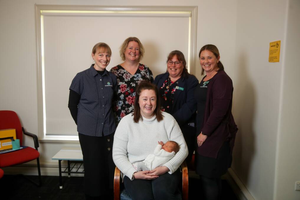 Gina Crosier and baby Elsie with program staff Jess Clift, Dr Eleanor Donelan, Carolyn Billington and Alysha Phillips. Picture: Morgan Hancock
