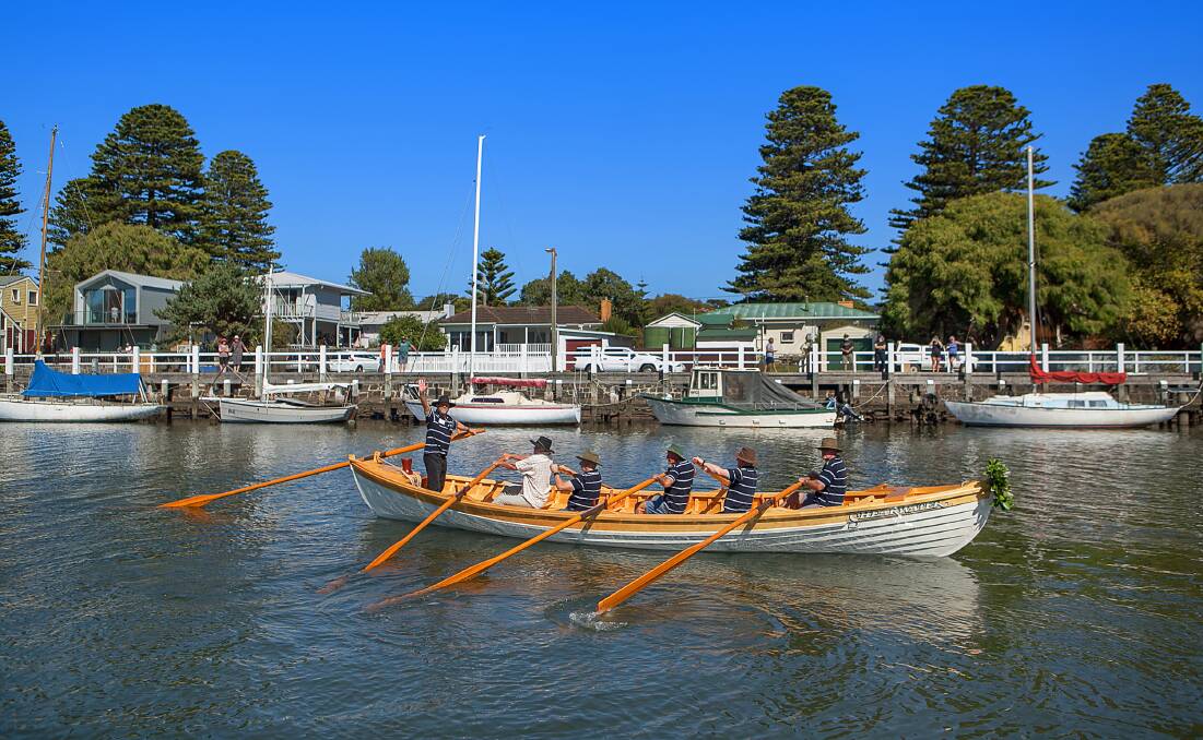 AFLOAT: The Port Fairy Heritage Boat Inc get their new whaleboat out onto the Moyne River. Governor of Victoria Linda Dessau offically launched the vessel. Picture: Peta Jolly