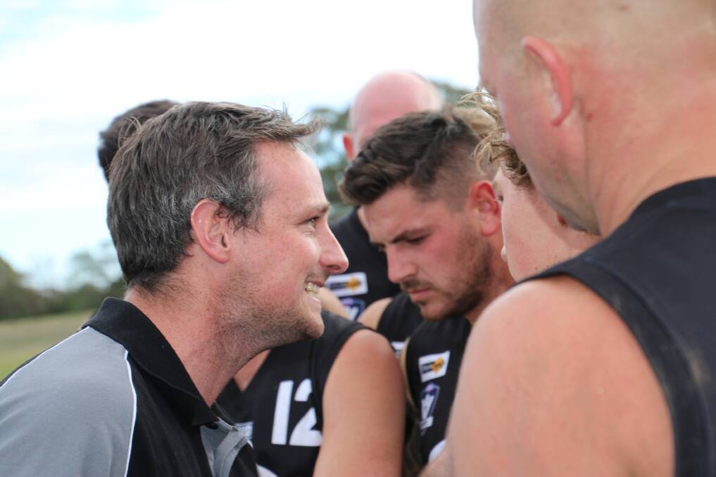 DIRECTION: Wickliffe-Lake Bolac co-coach Joe Otto gets the message across to his players. The Magpies are undefeated. Picture: Tracey Kruger