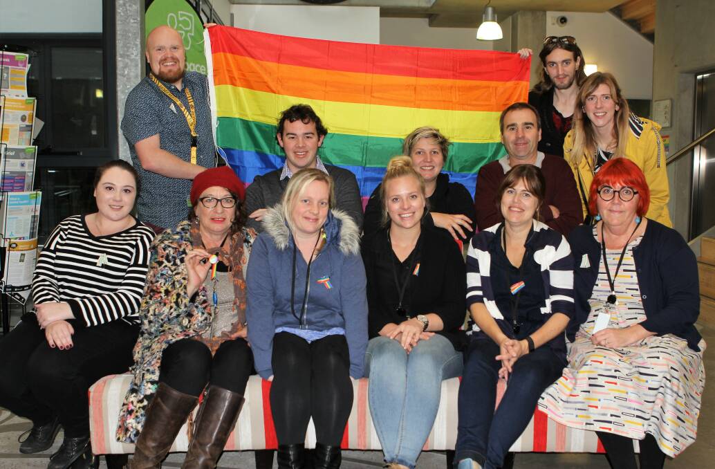 UNITED: Staff and students from Brophy Family and Youth Services in Warrnambool celebrate  International Day Against Homophobia, Transphobia and Biphobia (IDAHOBIT). The celebrations will continue at Deakin University in Warrnambool on Thursday. Picture: Anthony Brady 