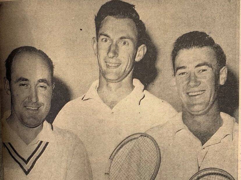 WINNERS: Port Fairy-Wesley badminton players Bill Mountjoy, Dave Phelan and Alan Barker. The team was all smiles after a win.