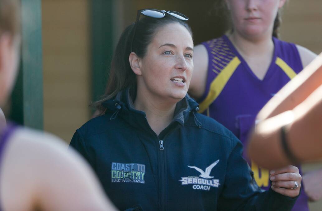 MESSAGE: Port Fairy coach Renae Taylor talking to her players during their last game against Hamilton Kangaroos. Taylor and her team have a tough run home. Picture: Chris Doheny 