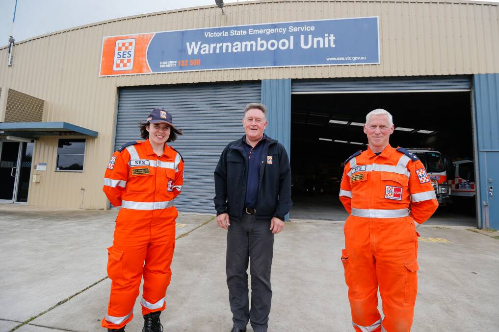 IN TOWN: Warrnambool SES Unit members Emily McCullagh and Stephen Bakker with CEO of the SES, Stephen Griffin (middle), during a visit to the city. Picture: Anthony Brady
