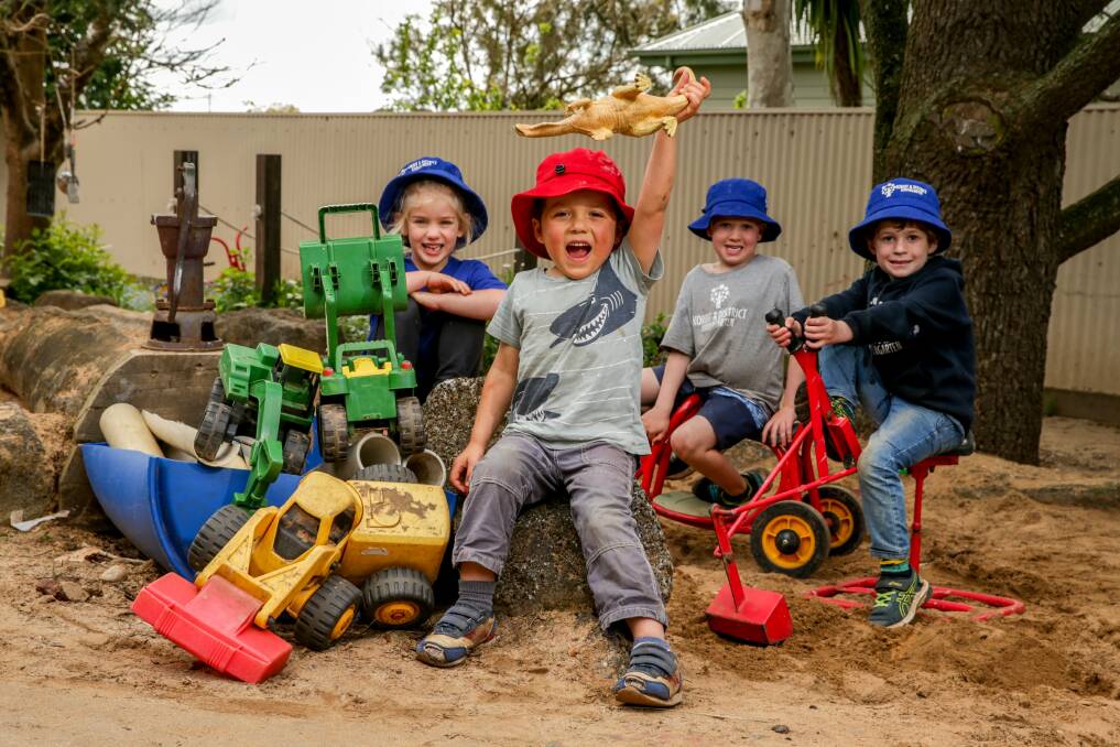 GOOD FUN: Koroit & District Kindergarten children, Ivy Hena, 5, Archie Gibson, 4, Banjo Milward, 5 and Jack Hedges, 5, are happy at play. Picture: Chris Doheny