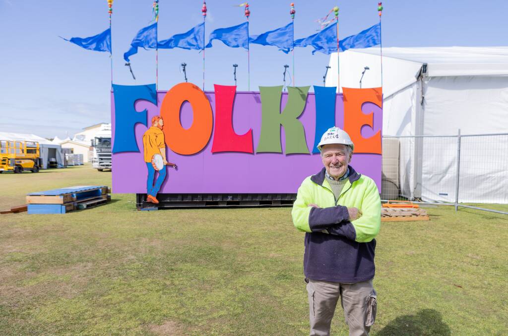 Barrie Jones, 85, is part of the Port Fairy Folk Festival construction crew. Picture: Anthony Brady