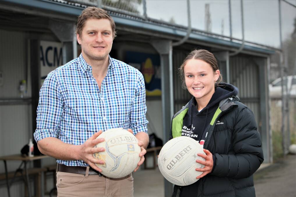 HAPPY: Moyne Shire councillor Daniel Meade and Panmure Football Netball Club player Matilda Ryan are all smiles about funding for new change rooms at the club's netball courts.