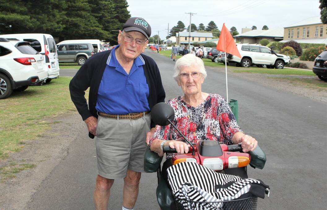 Journey: Eric and Dorothy Bishop on their way to the Port Fairy Folk Festival. The pair make the trip from their Cox Street home each year. Picture: Anthony Brady 