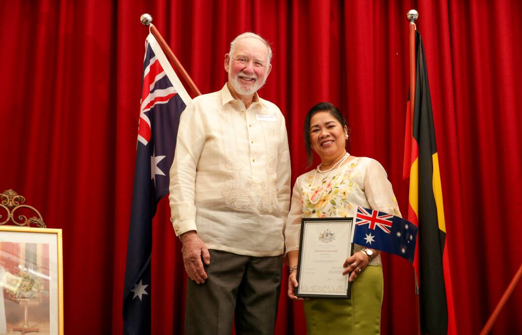 JOY: New Australian citizen Elvira Rideout, originally from the Philippines, with her husband Peter. The couple live in Port Fairy. Picture: Chris Doheny 