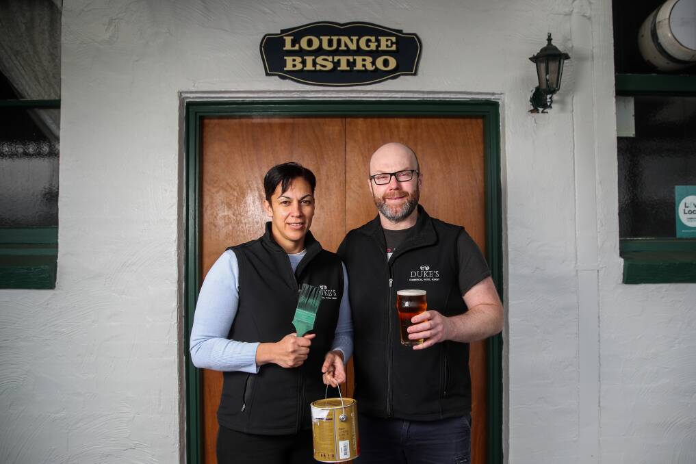 POSITIVE: Owners of Duke's Commercial Hotel Koroit Lee-Ann and Jason McMahon, have been in the business for six weeks, most dealing with restrictions and lockdown, and finding time to paint the pub. Picture: Morgan Hancock