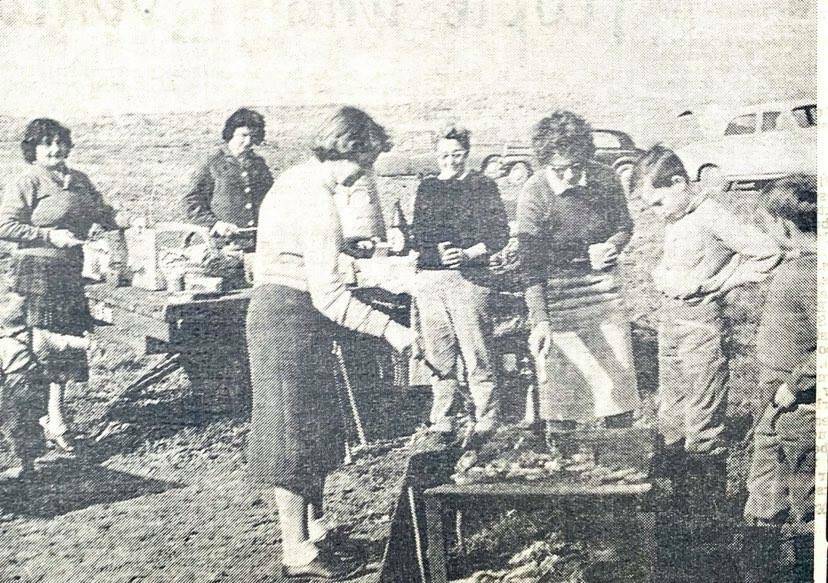 CATERED: Mrs Ken Sutherland, Mrs. L.King, Mrs C. Leishman, Mrs A. Mewkill, Mrs. D. Brown and masters David and Leo Brown cook a barbecue for Port Fairy Golf Club members who were out building the new course.