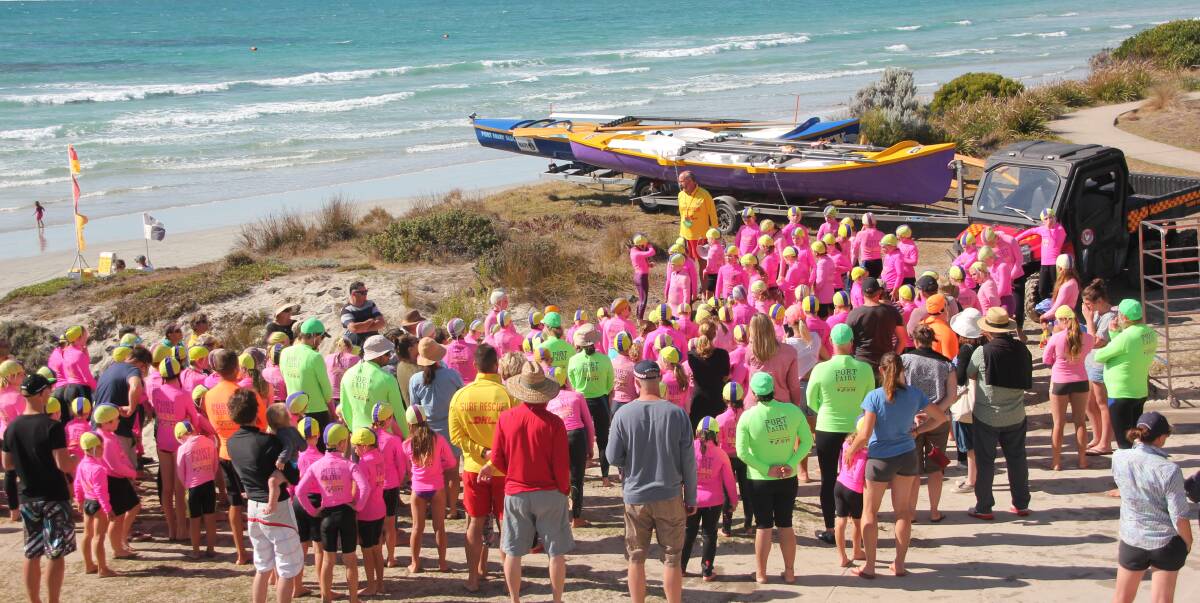 READY: A gathering of Port Fairy Surf Life Saving Club members during the nippers program last summer. Numbers are expected to be strong when the 2016-17 program starts this weekend. Picture: Martina Murrihy