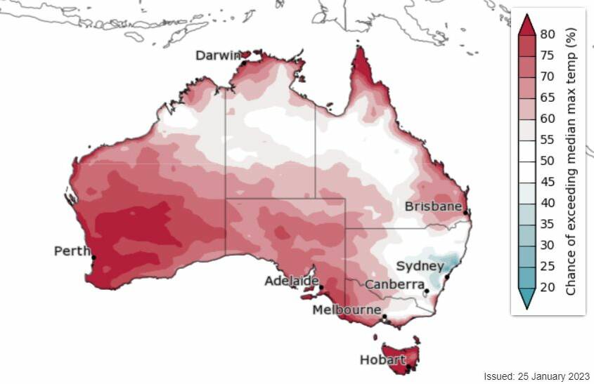 The chance of above median maximum temperature for February to April, 2023. Image by Bureau of Meteorology