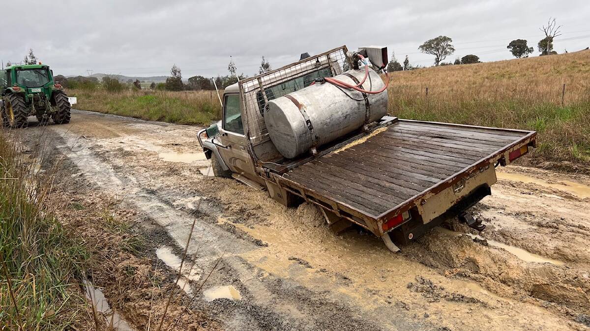 A ute bogged on Old Gap Road in Yass, NSW. It's a council-maintained public road. Picture supplied