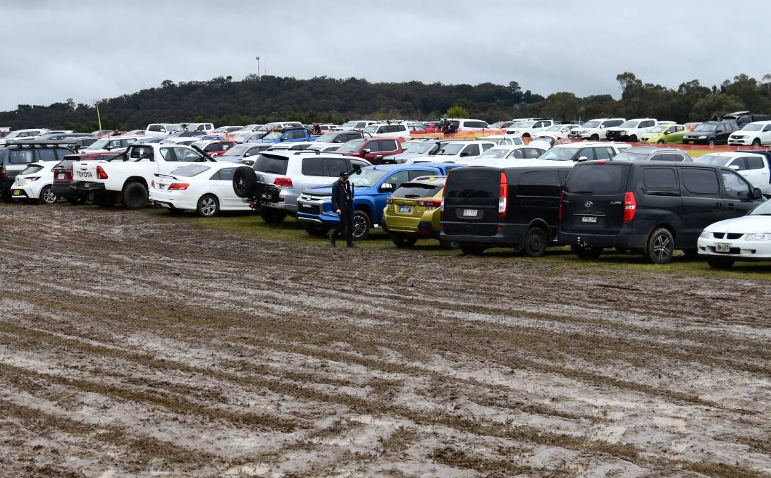 Conditions are boggy in car parks around Mount Panorama. Picture by Rachel Chamberlain. 
