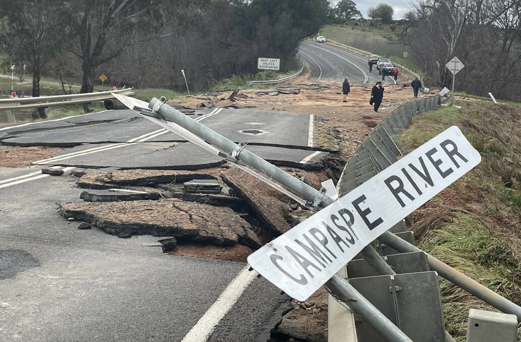 The McIvor Highway at the Axedale bridge in central Victoria was destroyed by flooding in October 2022. Picture by Chris Pedler