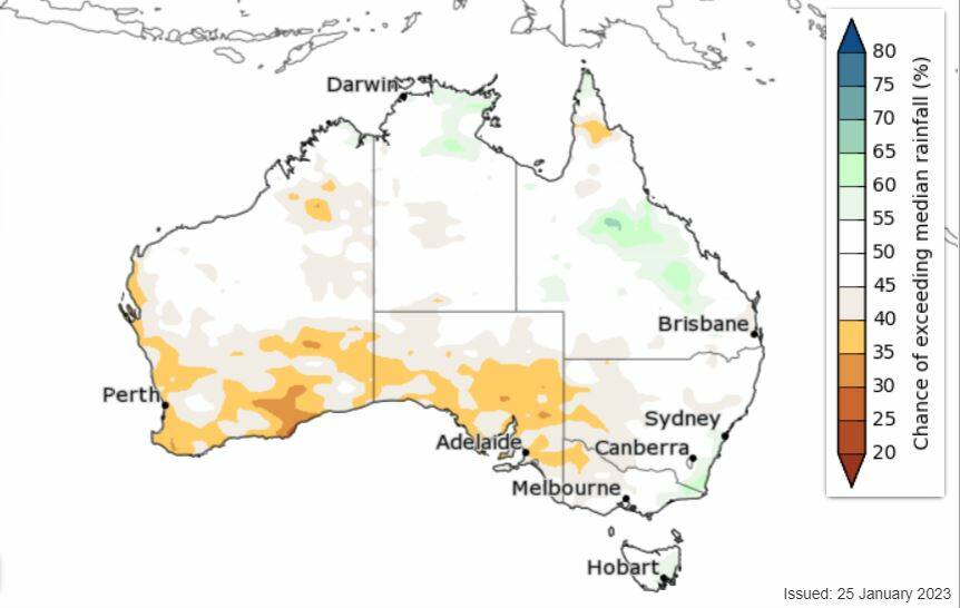 The chance of above median rainfall for February to April, 2023. Image by Bureau of Meteorology