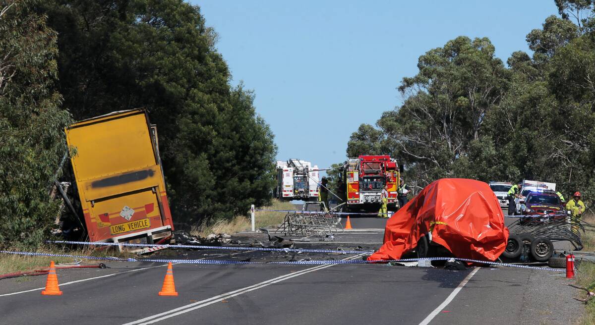 At least one person is dead following a crash on the Glenelg Highway, east of Hamilton on Tuesday morning. Picture: Rob Gunstone
