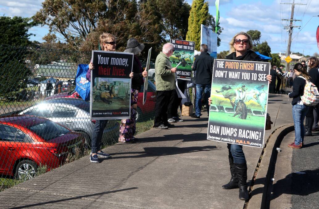 Anti-jumps racing protestors make their voices heard at the main entrance of Warrnambool Racecourse on Thursday. 