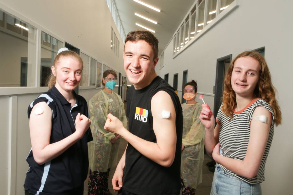 JAB DONE: Hawkesdale senior school student Olivia Smith, nurse Tracey Dean, Leigh Edwards, nurse Tania Brown and Alex Lewis. Picture: Chris Doheny 