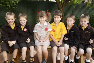 Twins Cadel and Luca Howie (left), Milla and Dominic Darmanin, and Brody and Coby Neave, all five years old, have started at Warrnambool Primary School this year.