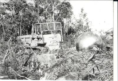A bulldozer drags a massive ball and chain across bushland to clear land for the Heytesbury settlement.