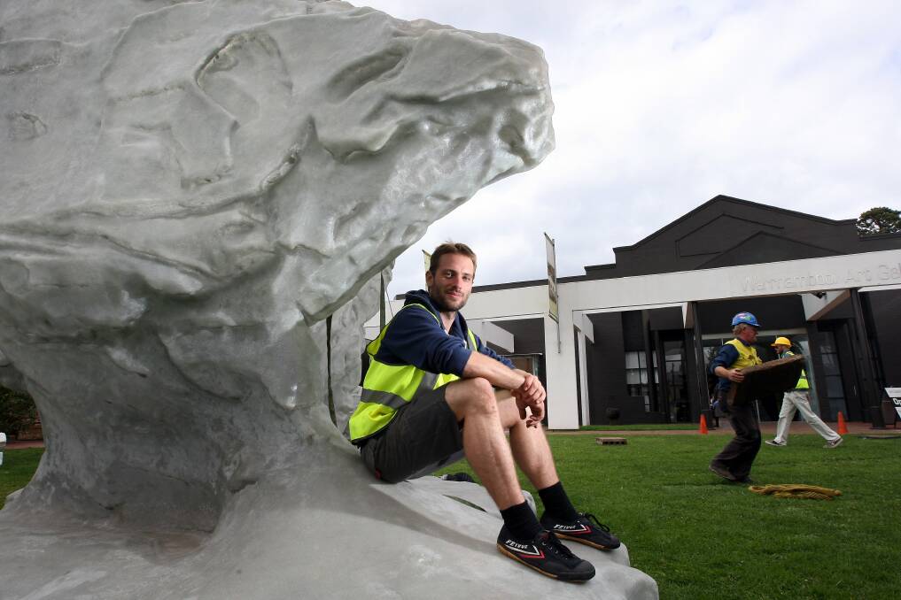 Apostle sculpture at Warrnambool Civic green being put together. Artists Lucas Maddock pictured and Isaac Greener made an eight metre Apostle. 