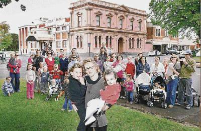 Camperdown families upset about the loss of the local operator of children's gym at the Mechanics Institute hall. In the foreground are Narelle Kerr and her two girls Lily, 4, and Hope, 2. Picture: GL