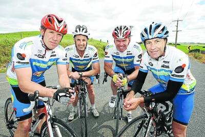 Warrnambool Veterans Cycling Club riders David Serra (left), Simon Walsh, Danny Bourke and Clive Coomber prepare for a training ride at Illowa in preparation for this weekend's Camperdown to Warrnambool race.