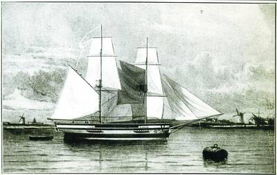  A depiction of the Lady Nelson brig . Source of pic. unknown. the which was the first white ship to sail into Port Phillip Bay captained by Lieutenant John Murray