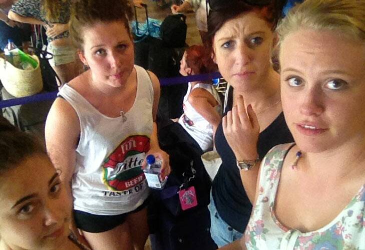 Fiji ordeal ... Katrina Venticinque (far right) and her friends (from left)  Liv, Brittany and Amy  waiting at Nadi airport.
