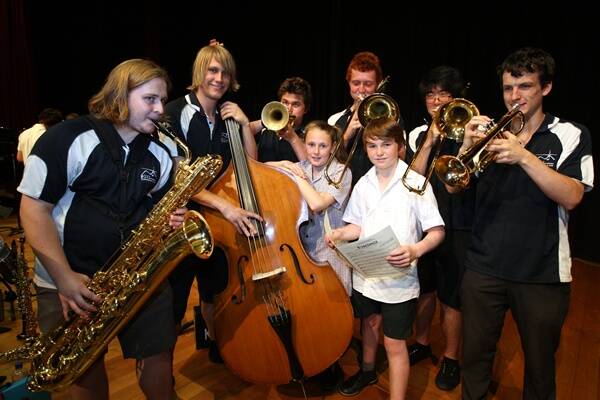 Students Emma Keegan and Jack Conlan with Generations of Jazz Academy musicians.