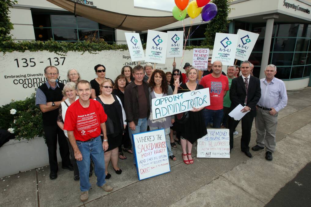 Community Connections ex-employees rally outside the business in Kepler street Warrnambool. 