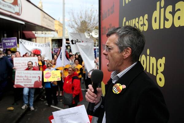 Australian Education Union vice-president Greg Barclay with TAFE staff and students protesting outside MP Denis Napthine’s Liebig Street offices. 