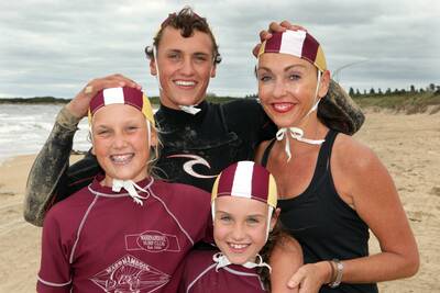 Aulesbrook Family mambers that are competing in the Surflifesaving Victorian Championships at Lakes Entrance this weekend. 19 yr old Jack is also competing but  is absent from the picture. L-R:13 yr old Eve Aulsebrook, 16 yr old Ned Aulsebrook, 8 yr old Elke Aulsebrook and  Fiona Aulsebrook.110310LP17PICTURE:LEANNE PICKETT