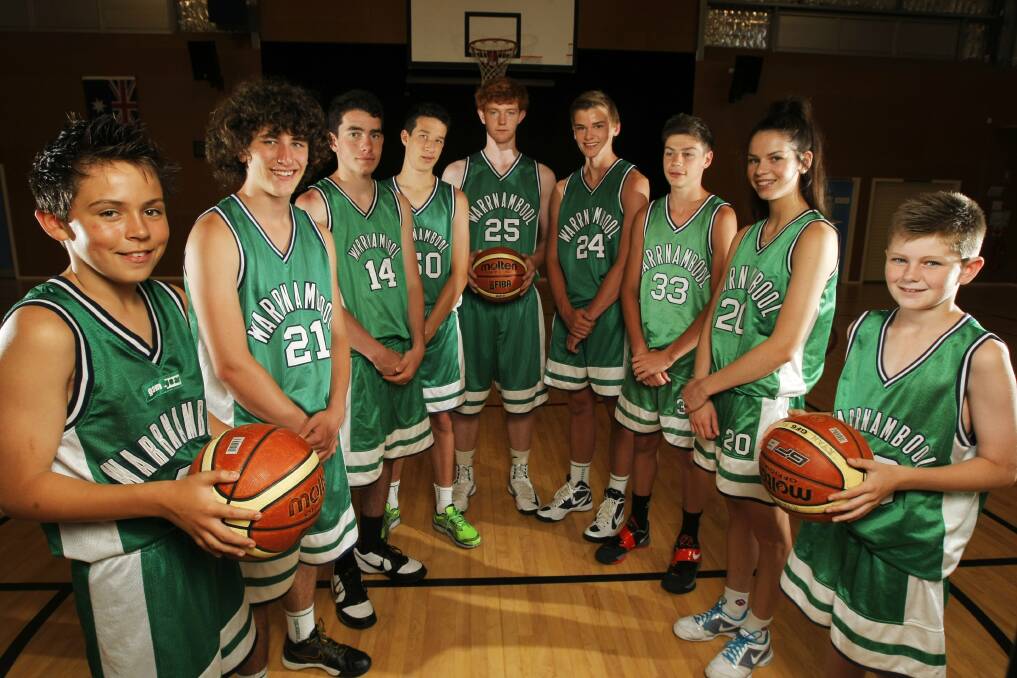 Warrnambool basketball players (from left) Griffen McLeod, 12, Lachlan Trigg, 14, Xavier Occipinti, 14, Lukas Essenwagner, 13, Liam Killey, 16, Jeremy Bolden, 16, Lachie Rhook, 14, Olivia Krygger, 16, and Ryan Fary, 12, are all off to represent Victoria Country at elite tournaments.