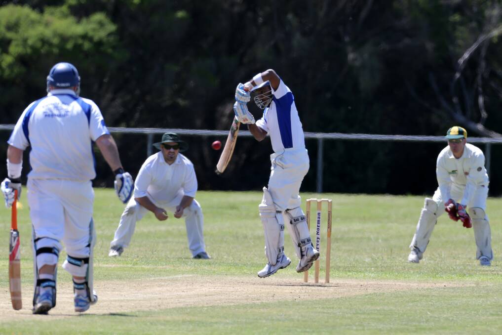 Russells Creek batsmen Shanaka Perumpuli (on strike) and Paul Walker put on a 71-run partnership in their side s victory over winless Allansford at Jetty Flat oval. 
