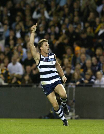 David Haynes celebrates a goal for Geelong in 2004.  (Picture: THE AGE)