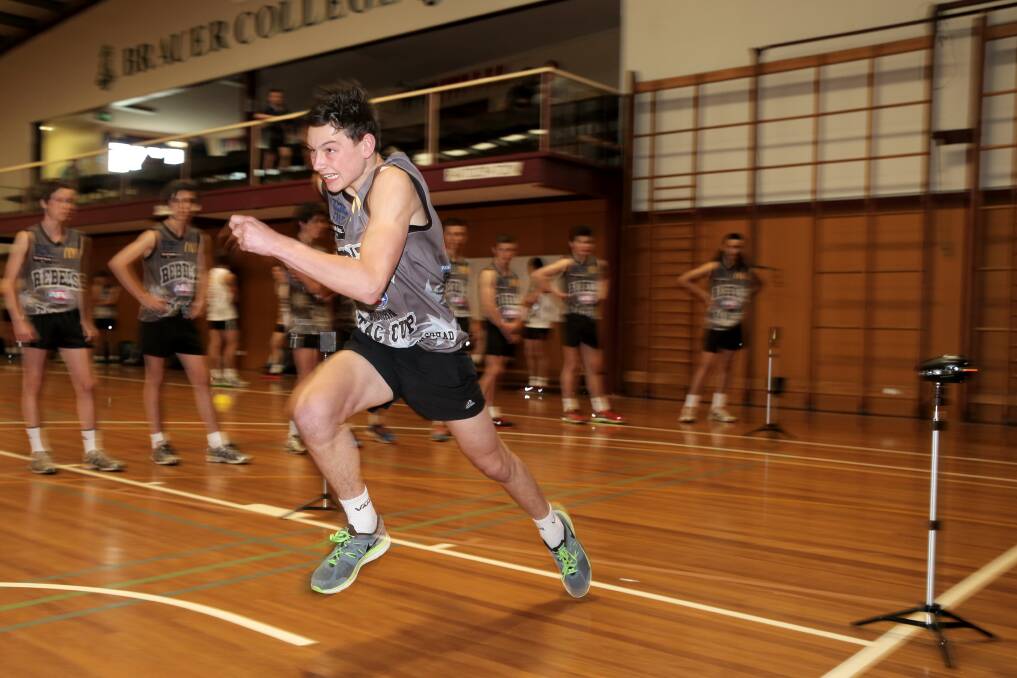 North Ballarat Rebels under 16 prospect Dion Johnstone, from North Warrnambool Eagles, works hard in the 20m sprint.