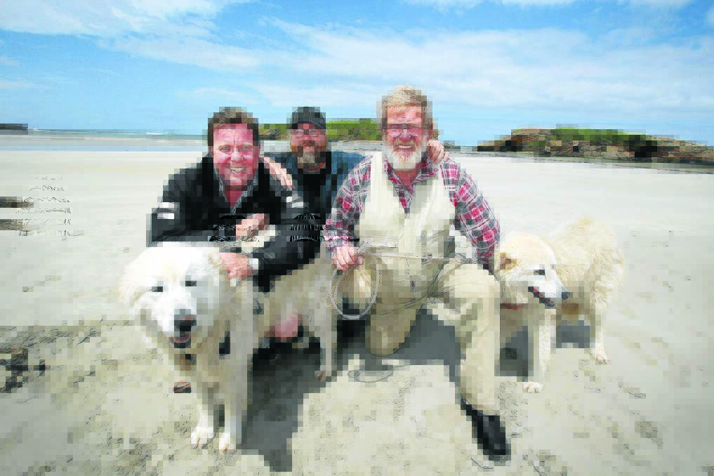 Actor Shane Jacobson (left) and his brother and film director Clayton with Allan ‘Swampy’ Marsh at Middle Island with Maremmas Tula and Eudy.