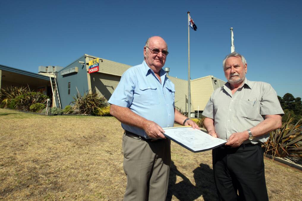 Warrnambool RSL sub-branch president John Miles (left) and secretary Alex Gannaway with plans for the club’s proposed $2 million building renovations.