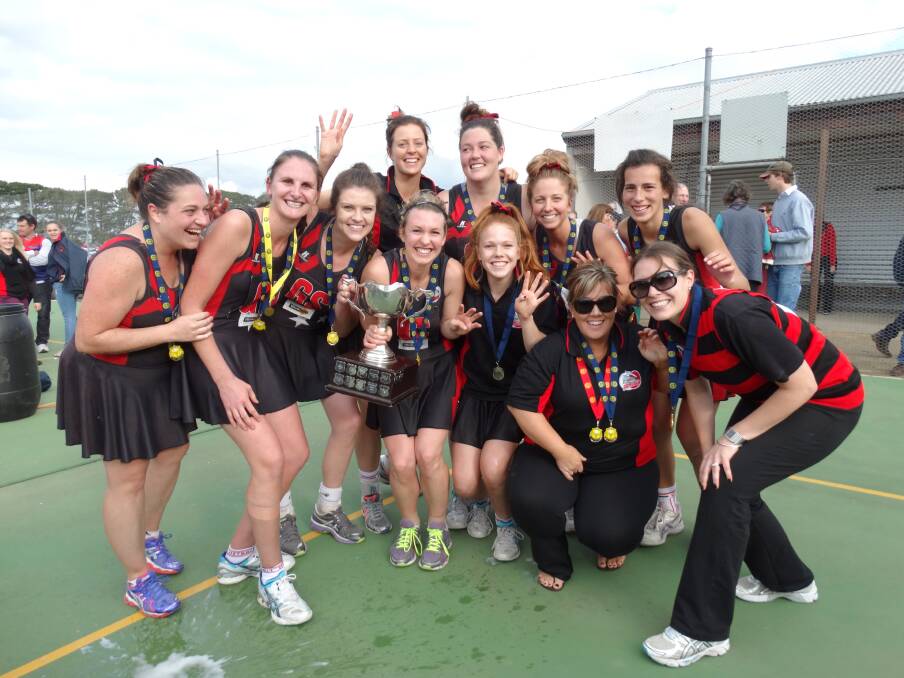 Celebrating Penshurst’s premiership win are (back from left) Jess McCallum, Rhianne Lewis, Sarah-Jane McDonald, Leah Rentsch; (front) Lauren Tuckey, Sarah Robertson, Kelsey Lewis, Mel Robertson, Chloe Uebergang, coach Nat O’Dea and assistant coach Carly Behncke. Picture: TRACEY KRUGER