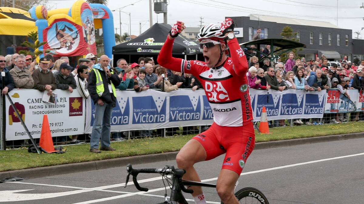 Floris Goesinnen celebrates crossing the line in first place in the Melbourne to Warrnambool Cycling Classic.