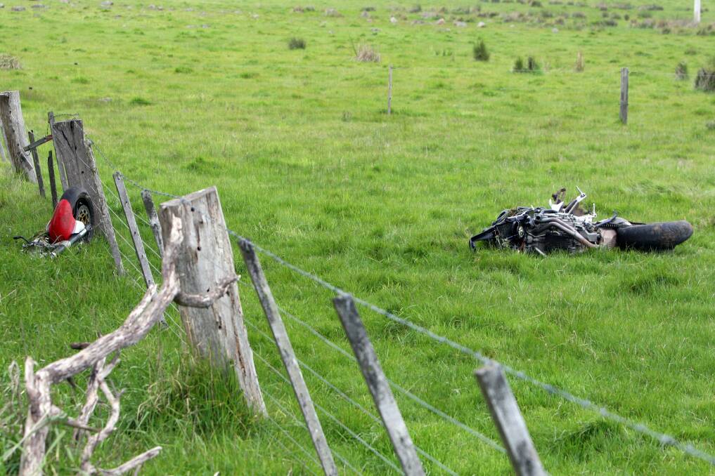 The rider of this motorbike, which ended up in two pieces in a paddock 50 metres from the Mortlake-Framlingham Road, sustained serious injuries. 