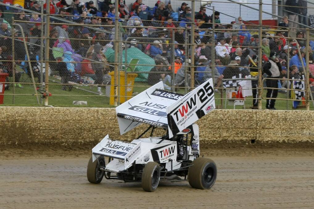 Queenslander James McFadden, on his way to a pole position in the A main race at Premier Speedway on Tuesday night.
