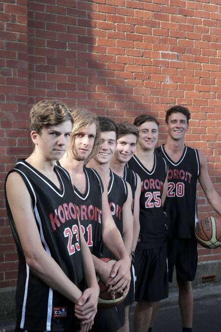 Koroit mates Josh Lane (left), Sam Fitzgibbon, Drew O’Grady, Jordan Murley, Daniel Harrington, and Zach Lane have been playing basketball together since they were teenagers. They will play together at the Seaside Senior Basketball Tournament in Warrnambool this weekend.